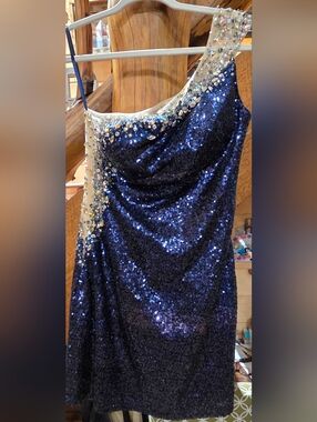 Blue Sequin One-Shoulder Evening Dress with Crystal Accents